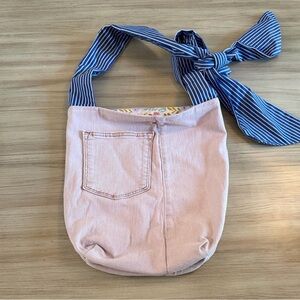 Handmade Soft Pink Canvas Shoulder Bag with Blue Striped Tie Strap